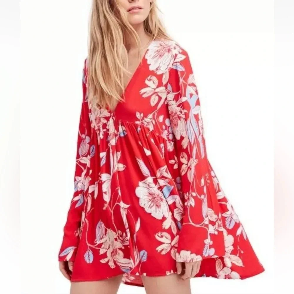 Free People Red Floral V-Neck Tunic